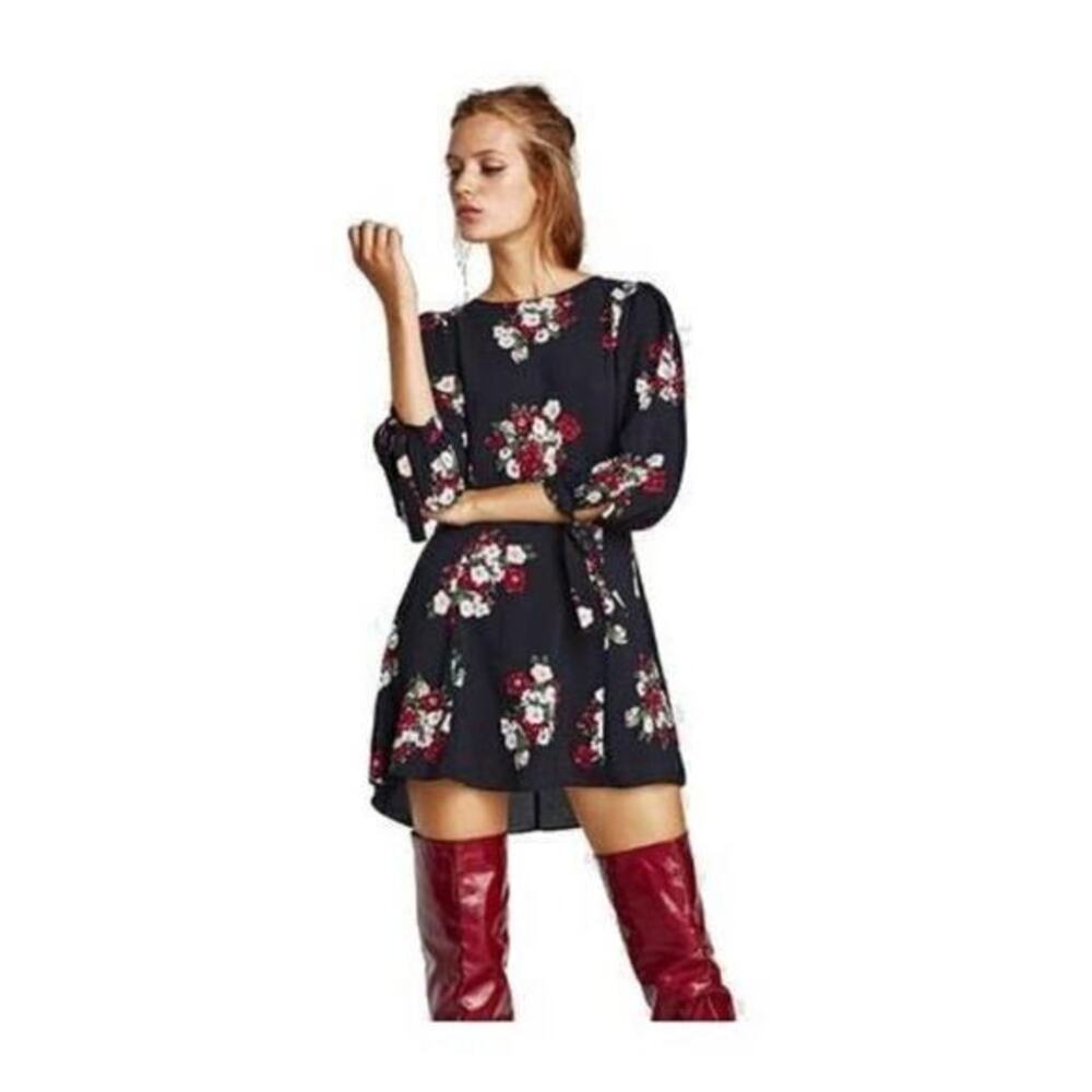 Zara Navy Blue Long Sleeve Floral Bow Cuff Fit & Flare‎ Swing Mini Dress Size S